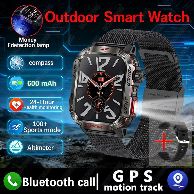 2026 New LED flashlight Military Smart Watch Men IP68 GPS Outdoor Sports Fitness Tracker Health Monitor 2.01" BT Call Smartwatch
