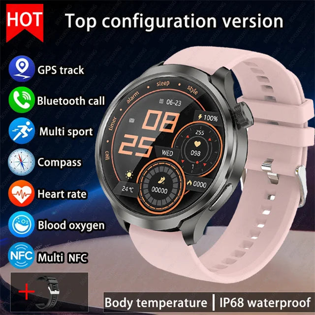 2026 New BOXUXING Outdoor Sports Smart Watch Men AMOLED Screen NFC GPS Compass Heart rate Waterproof Bluetooth Call SmartWatch