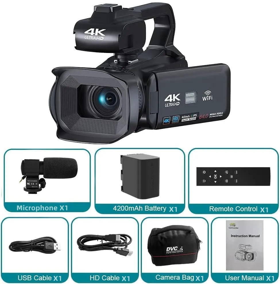 64MP 4K UHD Camcorder 18X Zoom Vlog Digital Video Camera WIFI Webcam For Youtube Livestreaming 4.0 270° Rotative Touch Screen