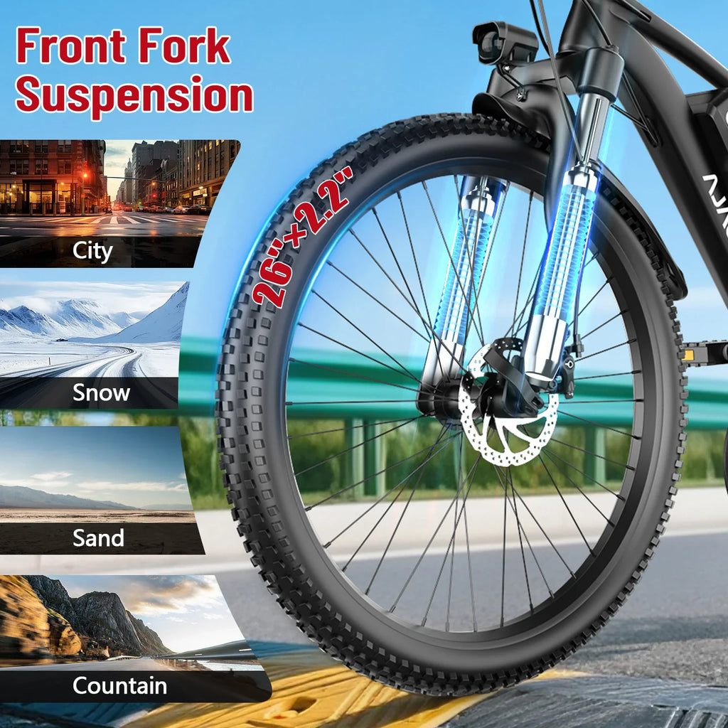 26'' Electric Bike for Adults 1000W Peak Motor 40 Miles 25MPH Commuter EBike 7 Speed Waterproof Pedal Assit Electric Mountain