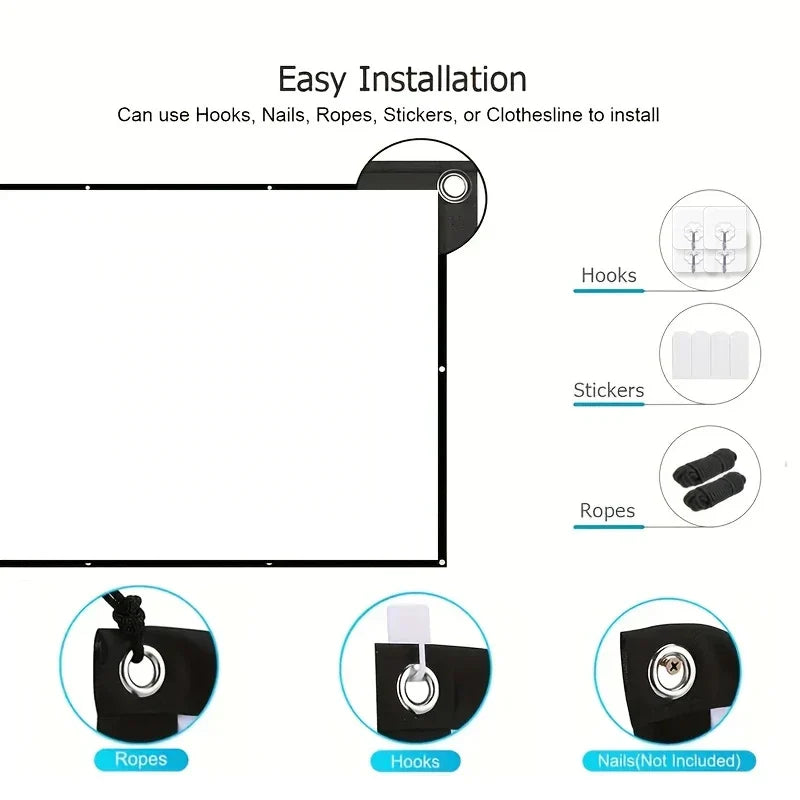 60 inch/72 inch/84 inch/100 inch/120 inch/150 inch HD projection screen with rope. Easy installation without drilling holes.