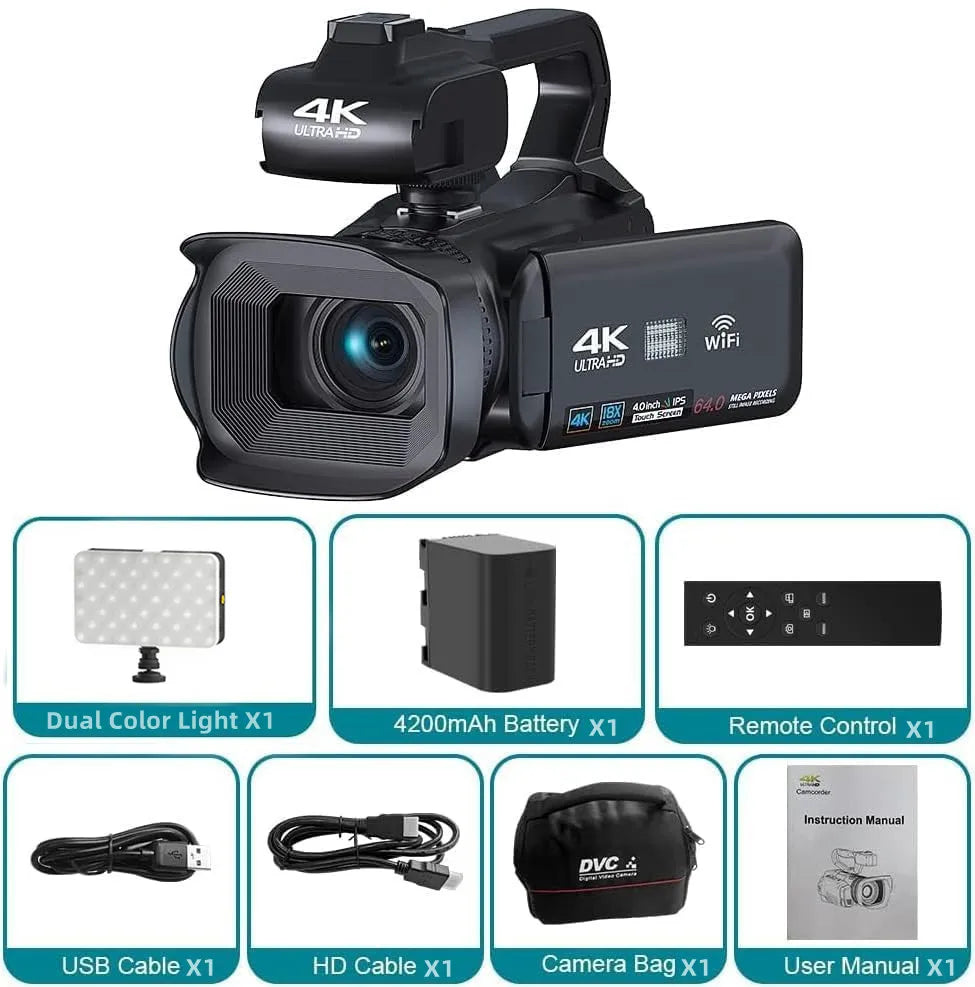 64MP 4K UHD Camcorder 18X Zoom Vlog Digital Video Camera WIFI Webcam For Youtube Livestreaming 4.0 270° Rotative Touch Screen