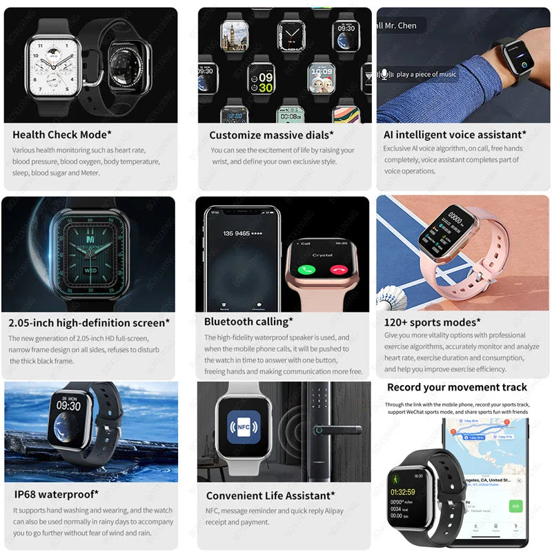 2025 AMOLED 2.05" HD Screen Smart Watch Women Series 8 Custom Dial 500+ Wireless Charging Men Smartwatch NFC GPS Tracker Watch 9