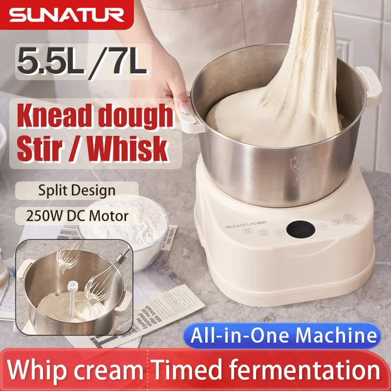 SUNATUR 5L/7L Electric Dough Mixer,250W DC Motor,Stainless Steel Bowl,Timed Fermentation,All-in-One