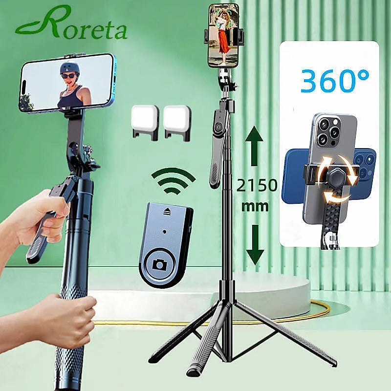 Roreta 2.15M 360 ° rotation Selfie Stick with Wireless Bluetooth LED Fill Light Extended Tripod with Remote Shutter for Android
