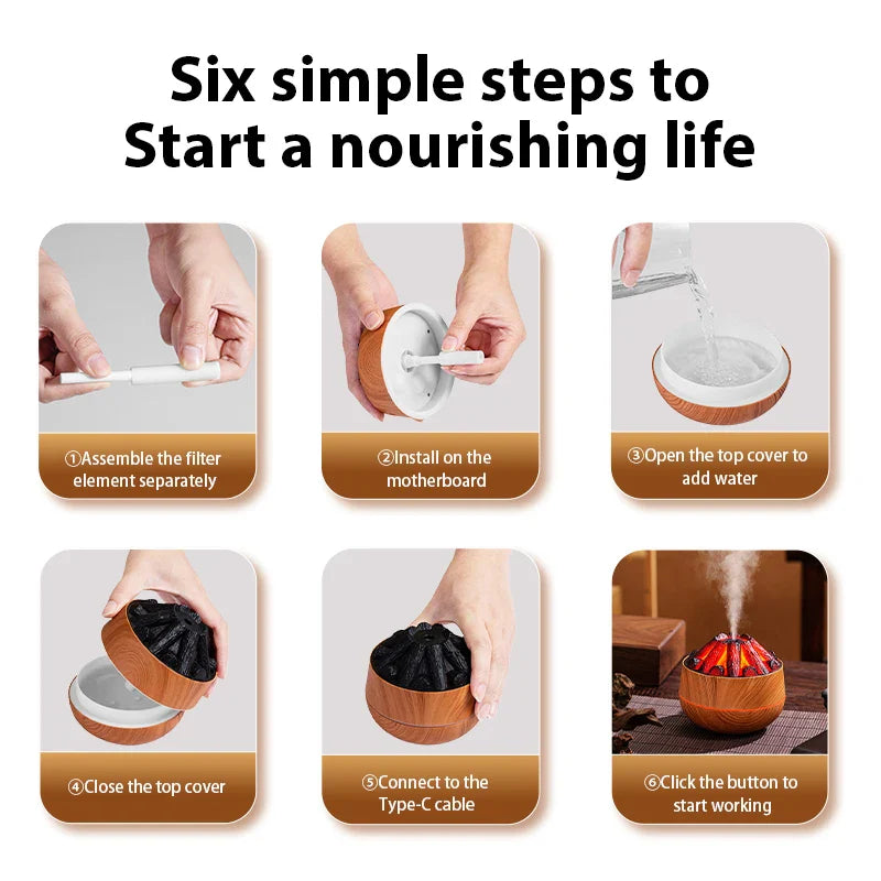 2025 New 300ML Artificial Charcoal Fire Air Humidifier Fine Mist Quiet Operation with Night Light for Home Humidification