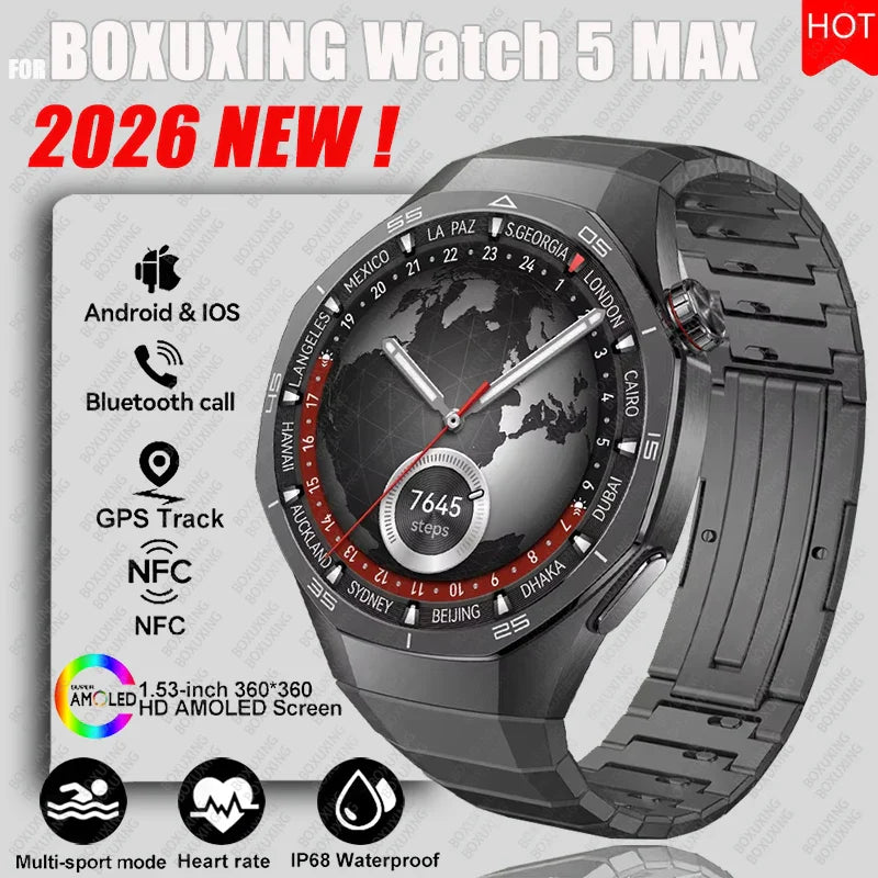 2026 New BOXUXING Watch 5 MAX Smart Watch HD AMOLED Screen NFC GPS Tracker Bluetooth Call Health Waterproof Smartwatch Men Women