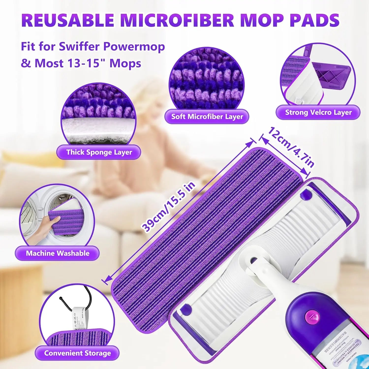Ultra Slim Microfiber Floor Mop with 4 Washable Pads, Adjustable Handle for Hardwood Tile Vinyl Floors