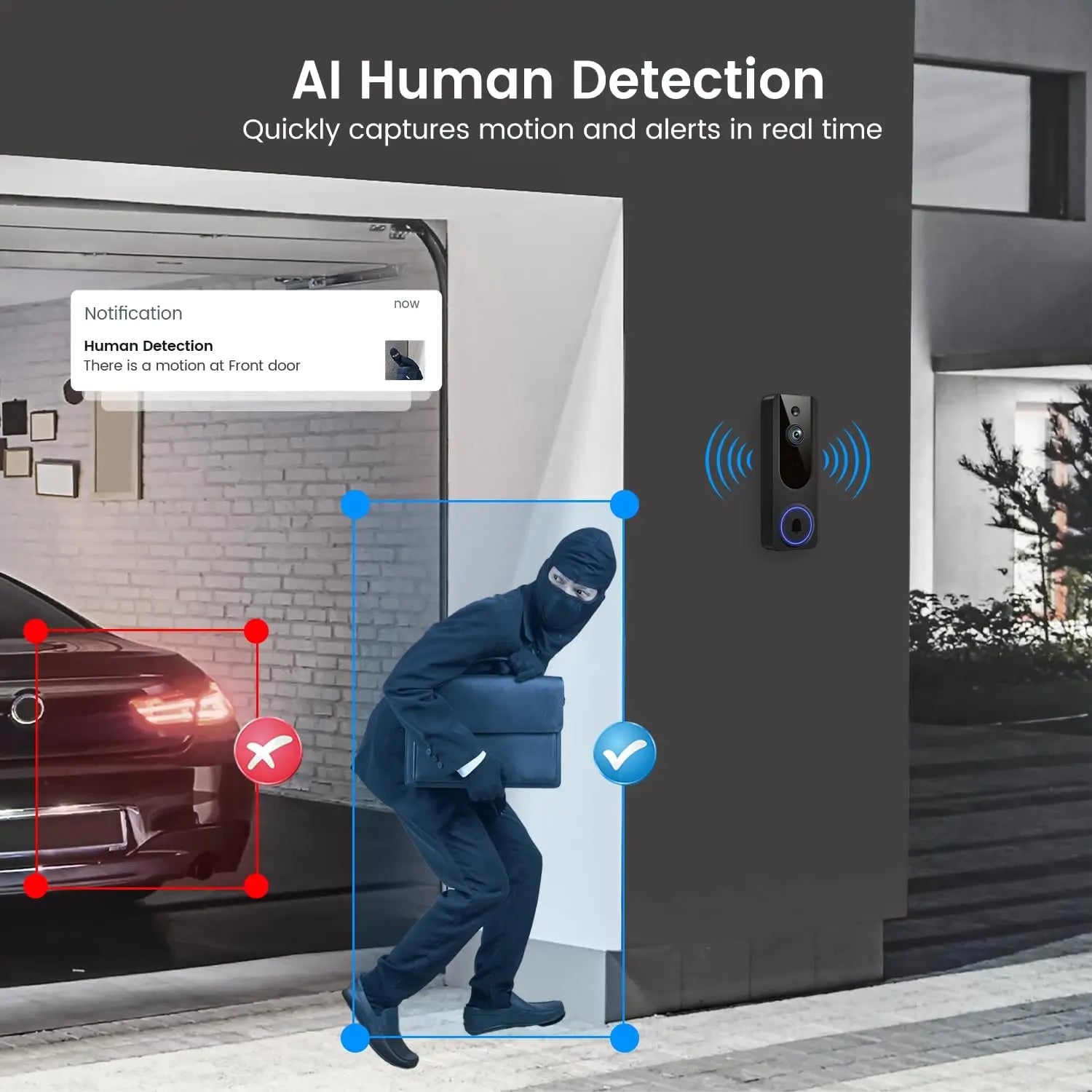 Wireless Video Doorbell with AI Detection, Night Vision, Two-Way Talk, Cloud Storage for Indoor/Outdoor Security