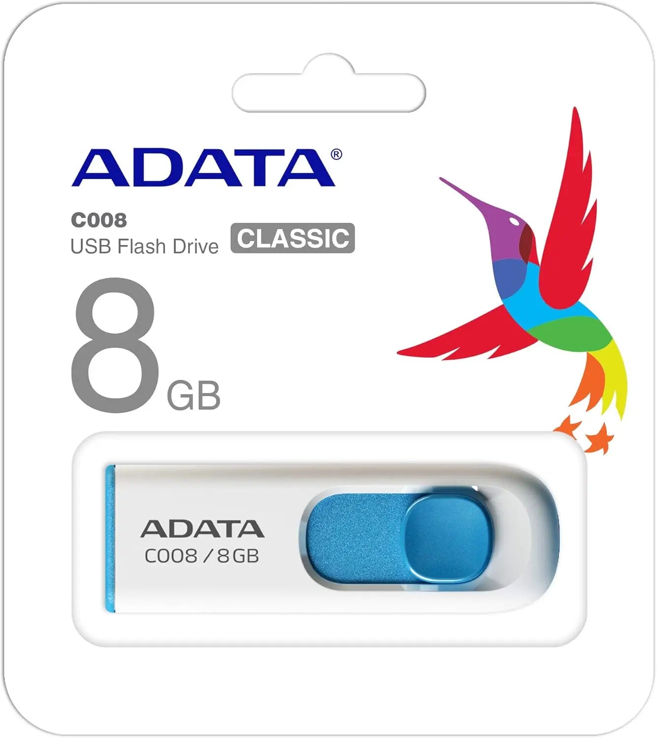 8GB Retractable USB 2.0 Flash Drive, White/Blue, Compact and Portable with Lifetime Warranty
