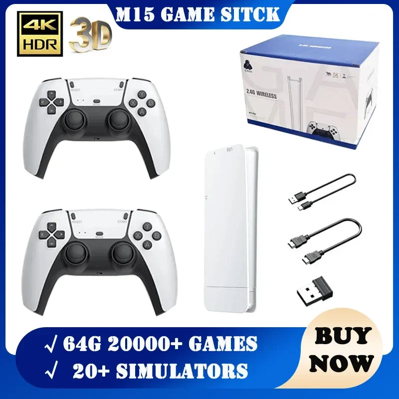 M15 Mini Retro Game Console 2.4G Wireless Dual Controller 4K Game Stick 64GB 20000 Retro Games Retro Game Family Gift
