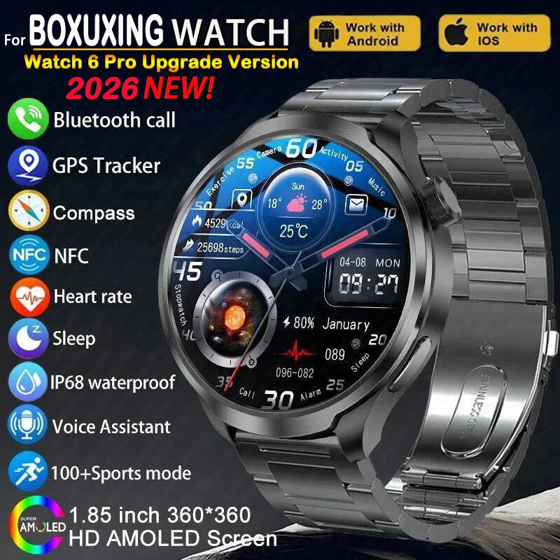 BOXUXING 1.85-inch Smart Watch Men Sport Waterproof Fitness Heart Rate Watches Compass GPS Track NFC Bluetooth Call Smartwatch