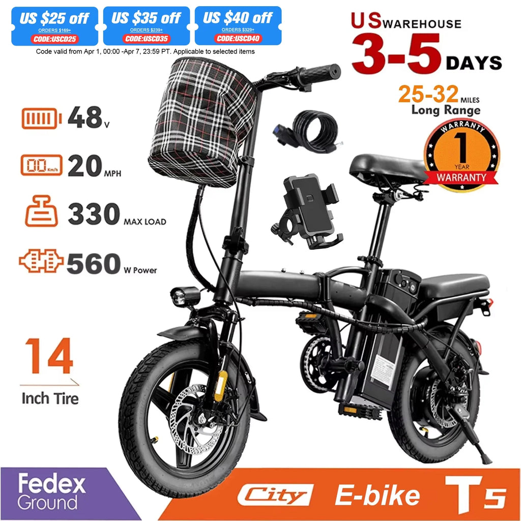Adult Electric Bike, 20 MPH,560W Motor,48V Removable Battery,14inch Folding Electric Bike,Maximum 32 Miles,1Year Warranty Ebike