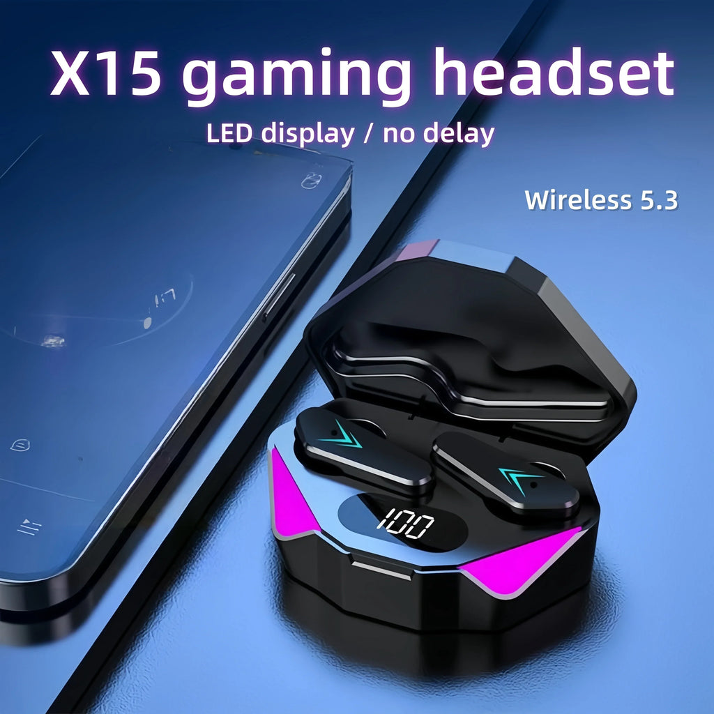 Gaming Headset with LED Display, X15 TWS Wireless Bluetooth Headphones Touch Control Earbud with Mic for PC Mobile Phones