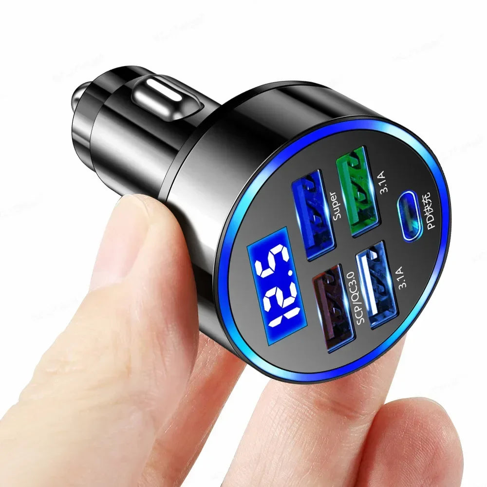 5 Ports LED Car Charger 250W Fast Charging Adapter Type C PD Mini Car Phone Charger for Iphone Samsung Huawei Xiaomi