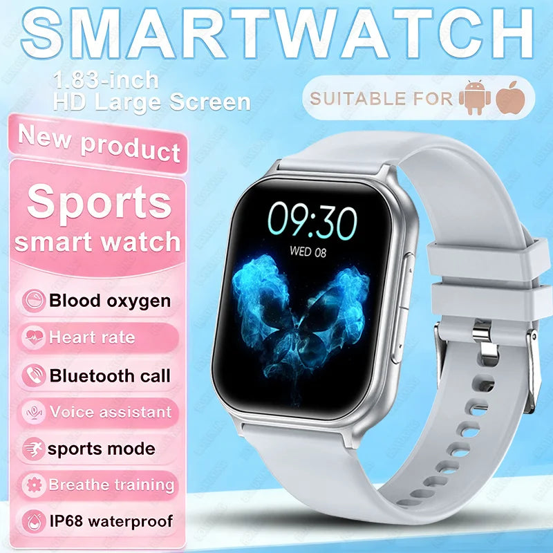 2026 New Fashion 1.83'' Smart Watch Men Women Bluetooth Call Heart Rate Monitor Voice Assistant Multiple Sports Modes Smartwatch