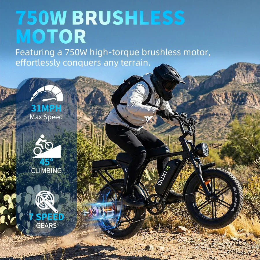 OUXI V8 2-seater Electric Bike 750W 48V 15Ah Electric Bicycle 20'' Fat Tire Dirt Ebike with Hydraulic Brake for Mountain Riding