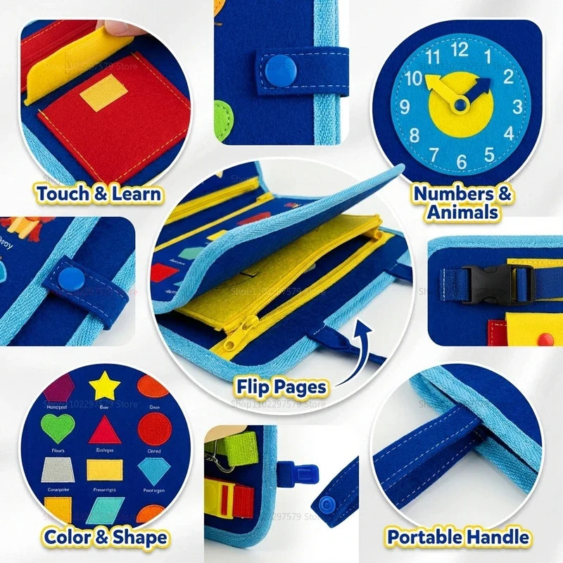Montessori Busy Board Sensory Toys Educational Travel Activities for Preschool Kids Fine Motor Skills Learning Gift for Toddlers