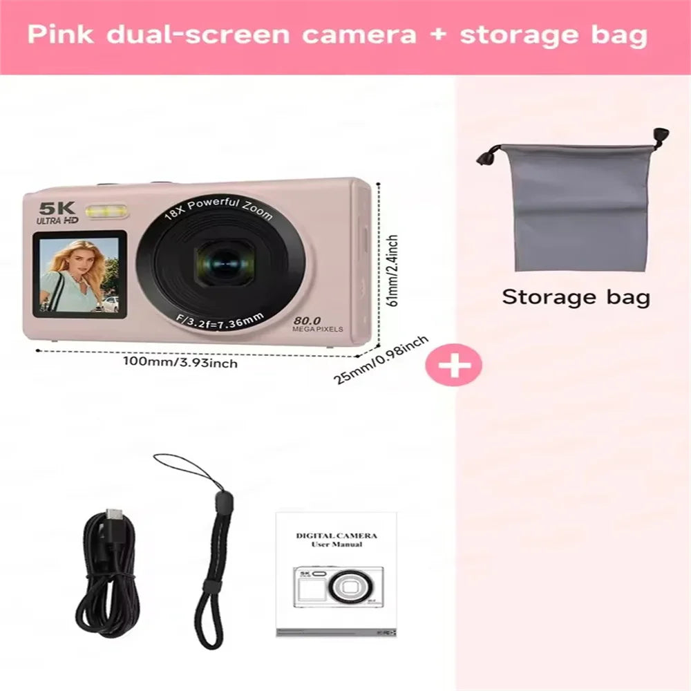 5K Dual Screen Digital Camera 80MP Retro CCD Photographic Cameras 8000W Pixel Auto Focus with 18x Zoom for Kid Adult Photography
