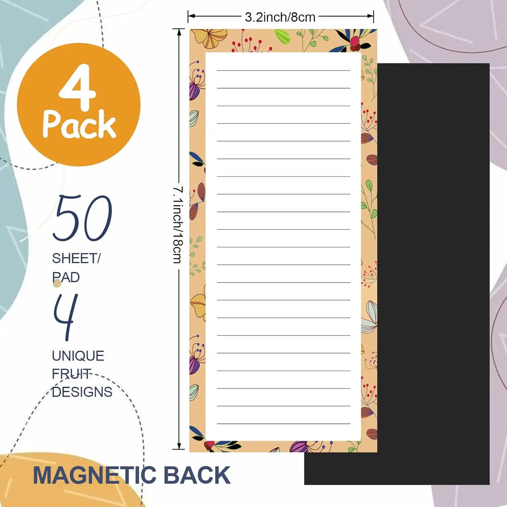 Flower Design Magnetic Notepads for Refrigerator, 50 Sheets Each, 4-Pack Memo Pads for Lists and Reminders