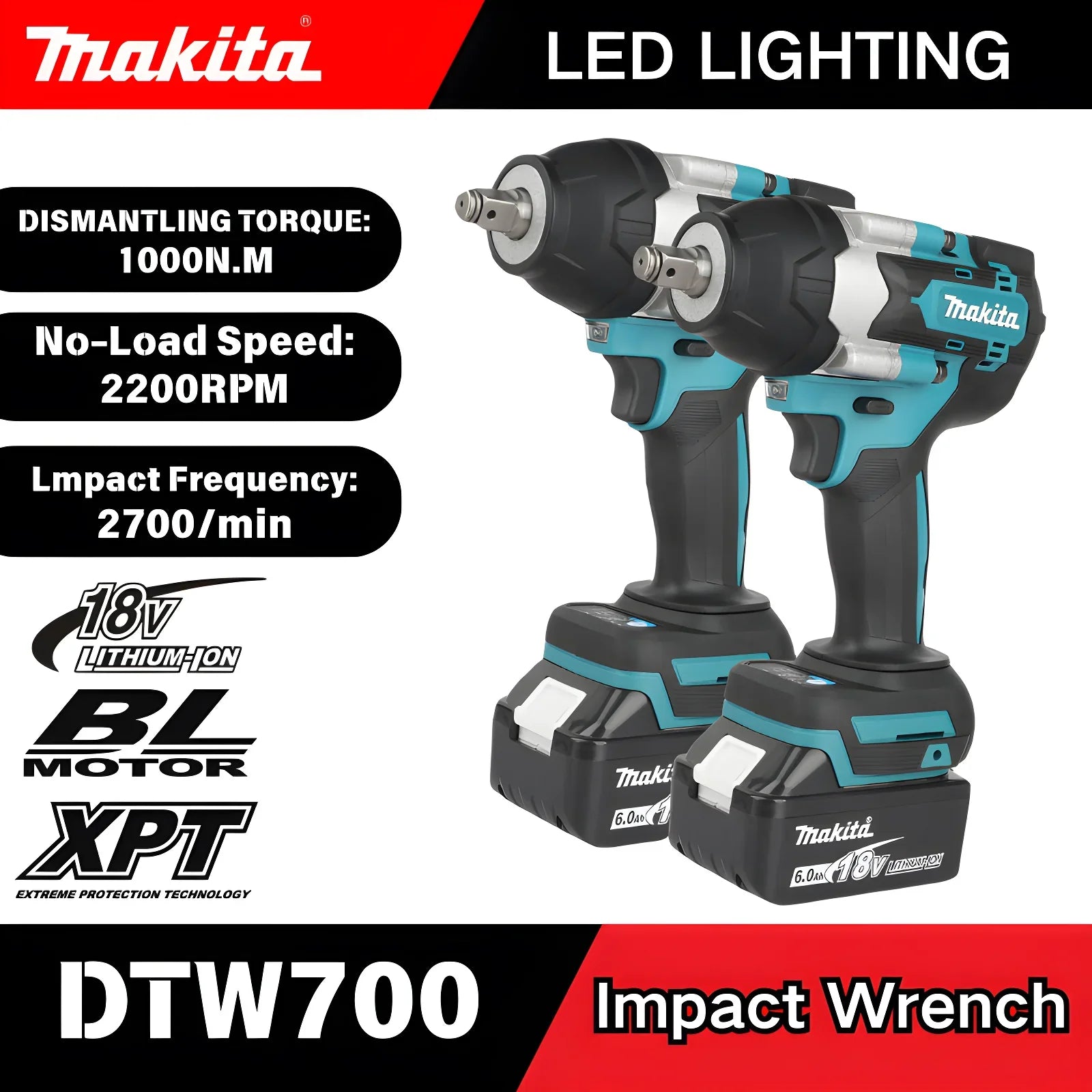 Makita 1000N.M DTW700 Torque Brushless Electric Impact Wrench Cordless Electric Drill 1/2" Wrench Power Tools For 18V Battery