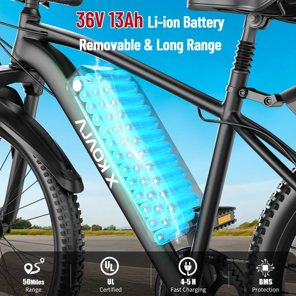 26'' Electric Bike for Adults 1000W Peak Motor 40 Miles 25MPH Commuter EBike 7 Speed Waterproof Pedal Assit Electric Mountain