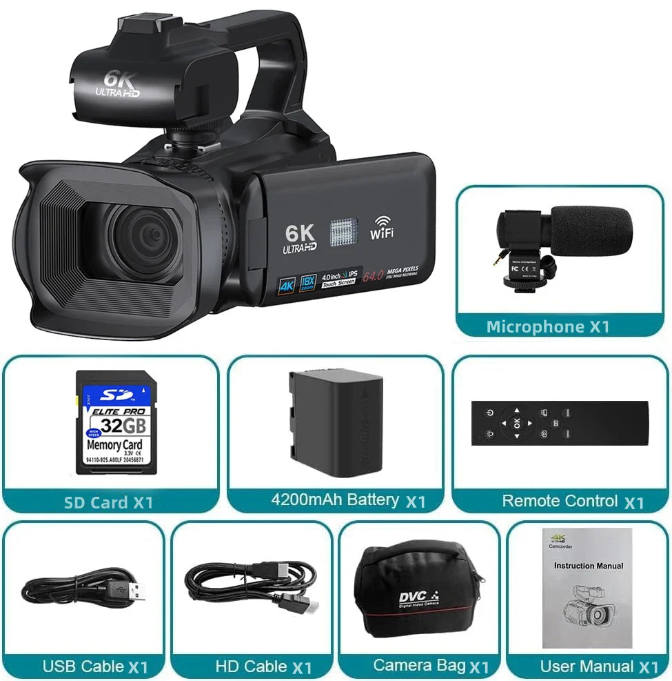 64MP 4K Camcorder 4.0 Inch 270° Rotate Touch Screen 18X 4K UHD Professional Digital Video Camera Youtube Livestream Wifi Webcam