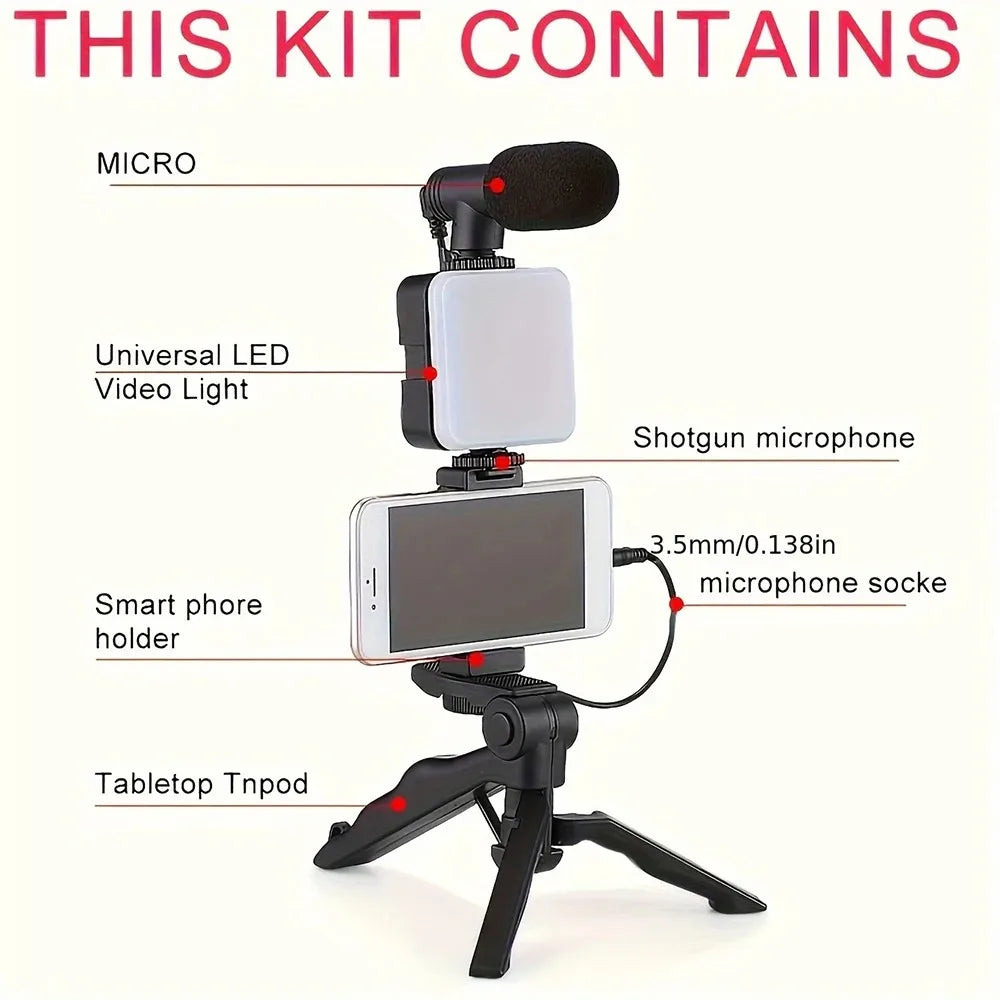 Smartphone Vlogging Kit With Tripod Phone Holder Mini Microphone LED Fill Light Starter For Live Stream Video YouTube