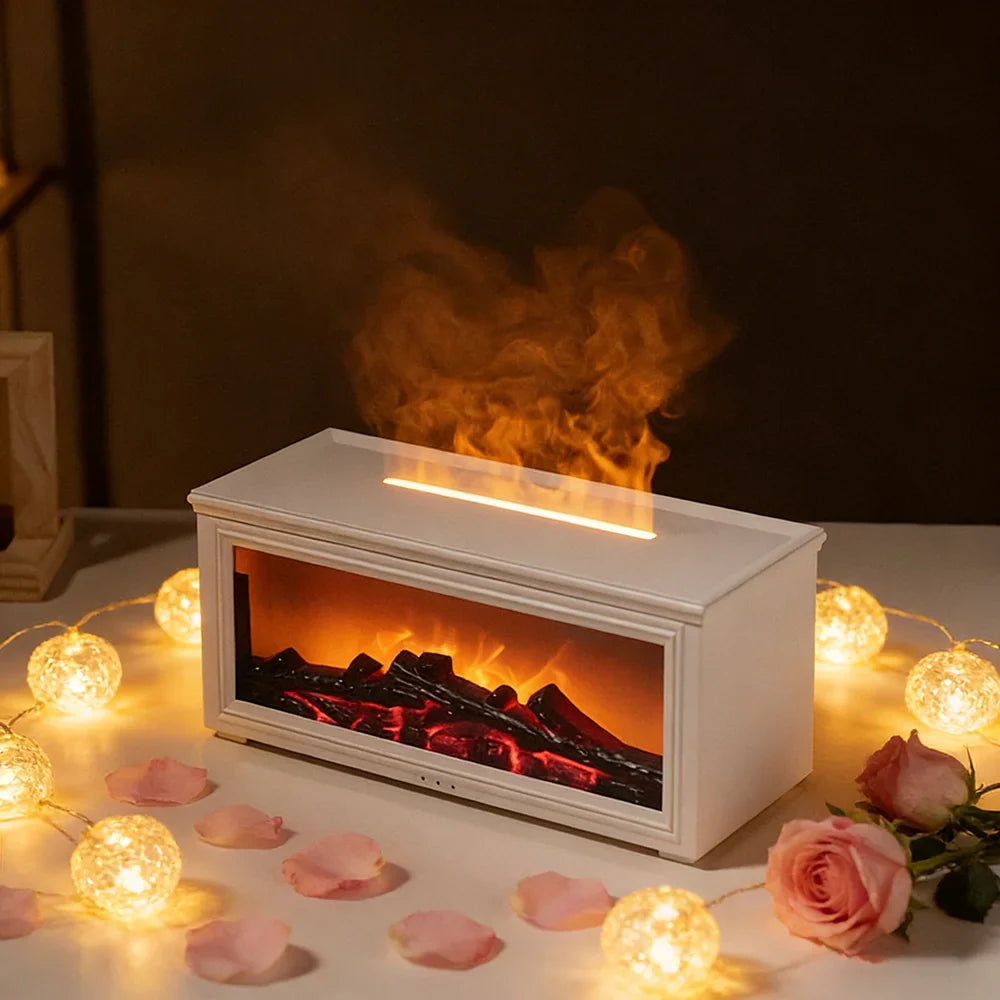 1PC Simulated Flame Fireplace Aroma Diffuser with Colorful Night Lights, 3-level Timer, USB Powered Air Humidifier