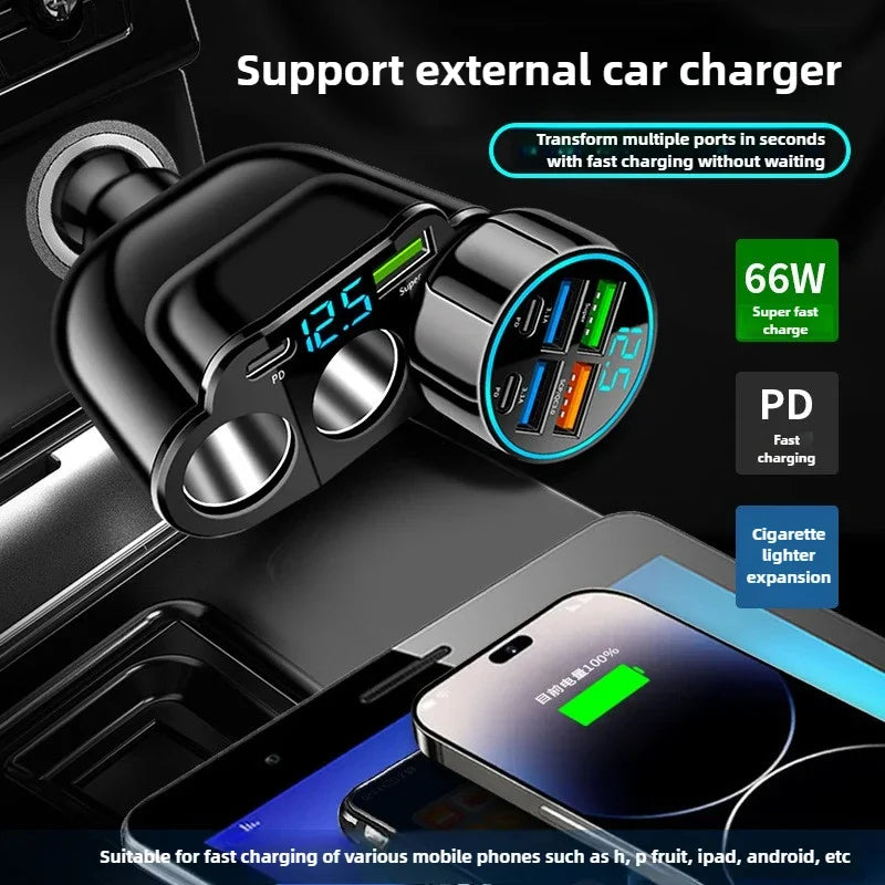 Car Charger 5-Port 336W Cigarette Lighter Adapter PD USB 66W Super Quick Charging Phone Charger Socket 12-24V Universal