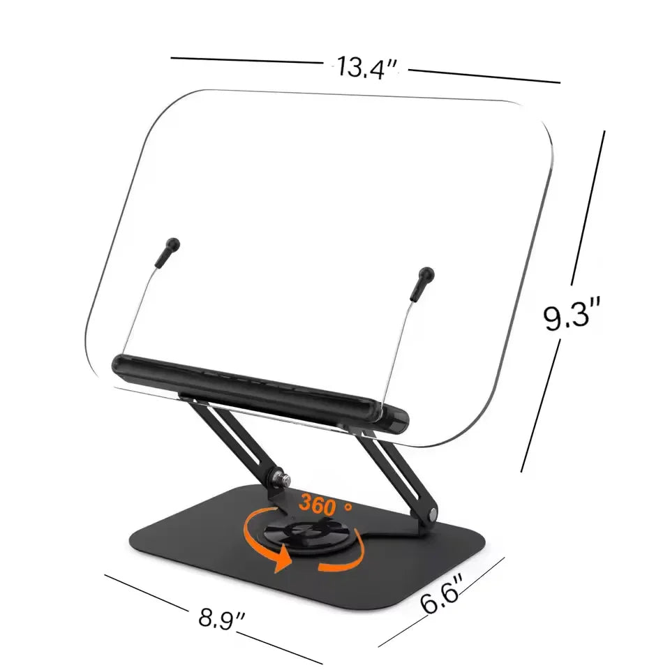 Acrylic Book Stand for Reading Adjustable Book Holder with 360° Rotating Base Elastic Page Clips Foldable Laptop Stand
