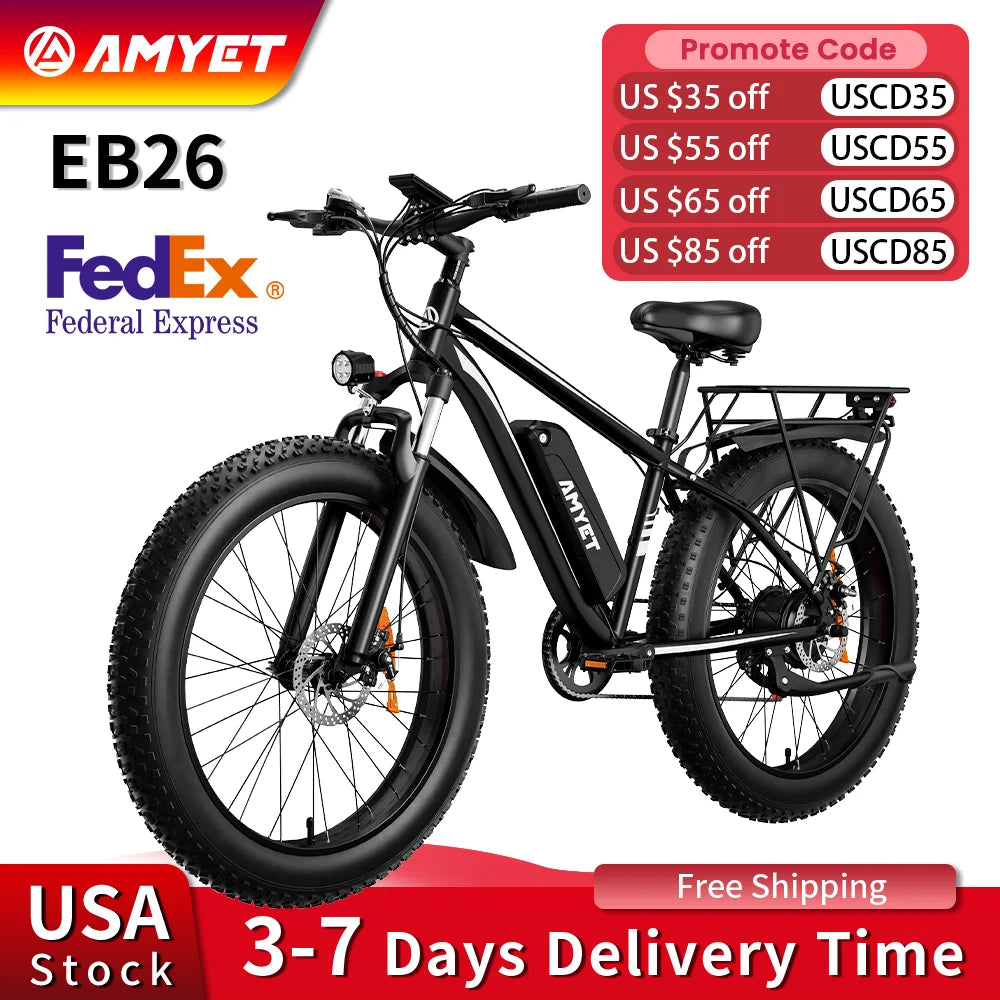 AMYET Electric Bike EB26 Adults Electric Bicycle Peak 1500W 48V 15AH e bike 26" Fat Tire Mountain Bike 31mph  Electric Dirt Bike