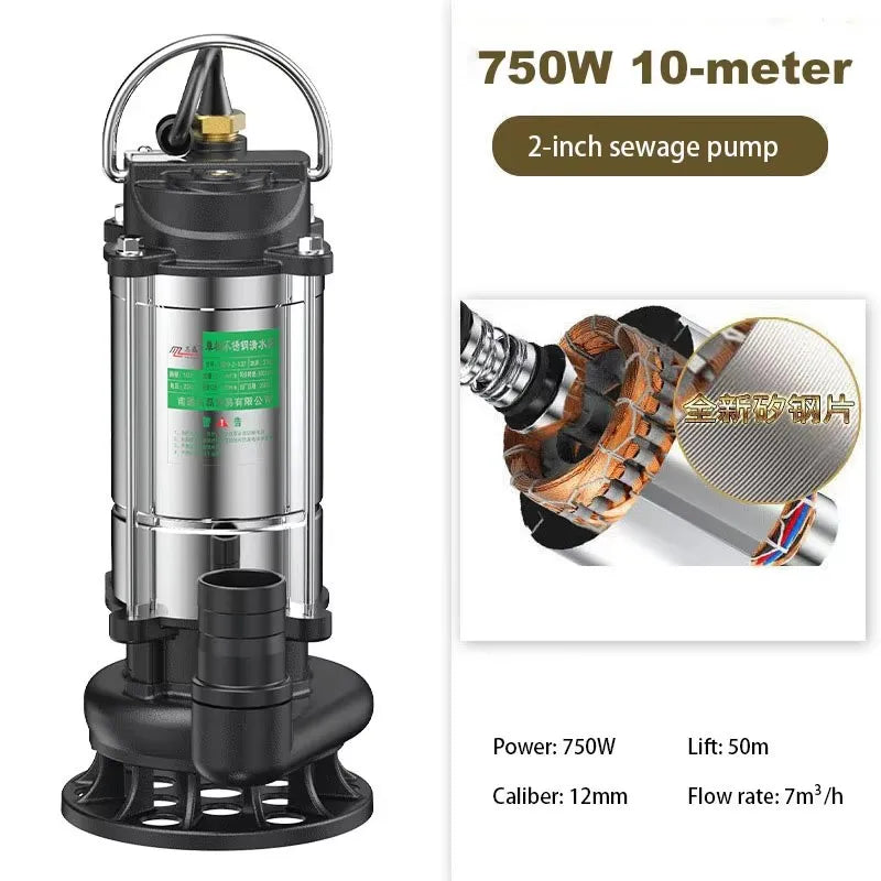 220V Submersible Pump Agricultural Pumping Garden Tools Drainage Irrigation Self-priming Sewage Pump Stainless Steel Pump