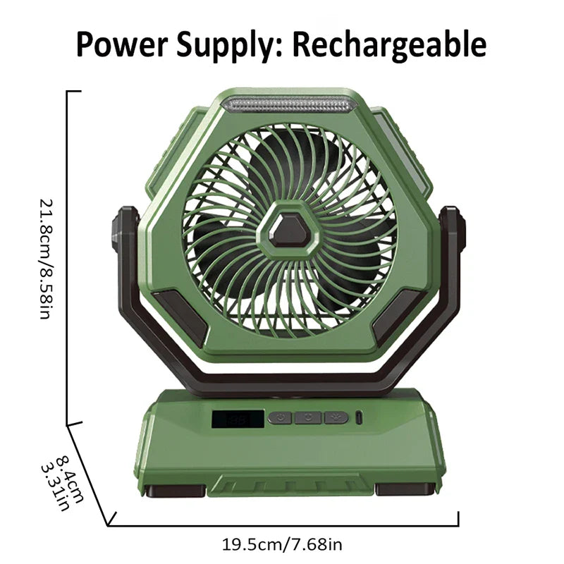 2025 New Camping Fan Rechargeable Outdoor Fan Ceiling Oscillating Fan Portable Air Conditioner with 3 Gears and Flashlight