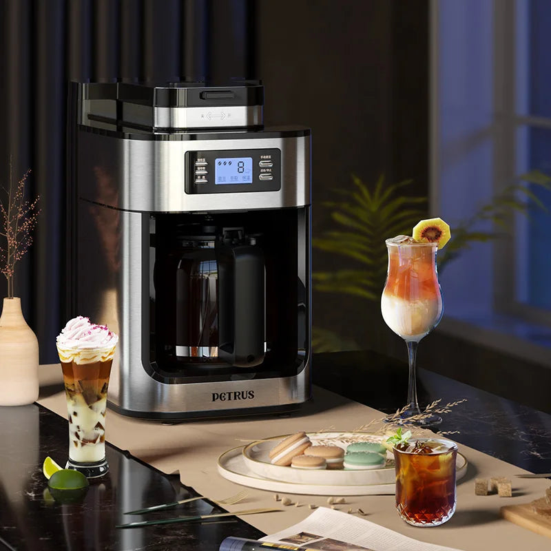 Petrus Automactic Coffee Machine Drip Coffee Maker Stainless Steel 10-cup With Built-In Grinder and Brew Strength Control