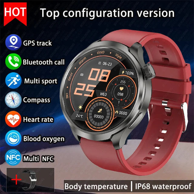 2026 New BOXUXING Outdoor Sports Smart Watch Men AMOLED Screen NFC GPS Compass Heart rate Waterproof Bluetooth Call SmartWatch