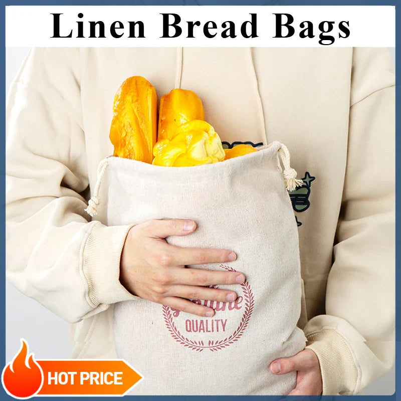 Linen Bread Bags Reusable Portable Drawstring Kitchen Organizer Home Homemade Artisan Bread Storage Bag Washable Food Organizer