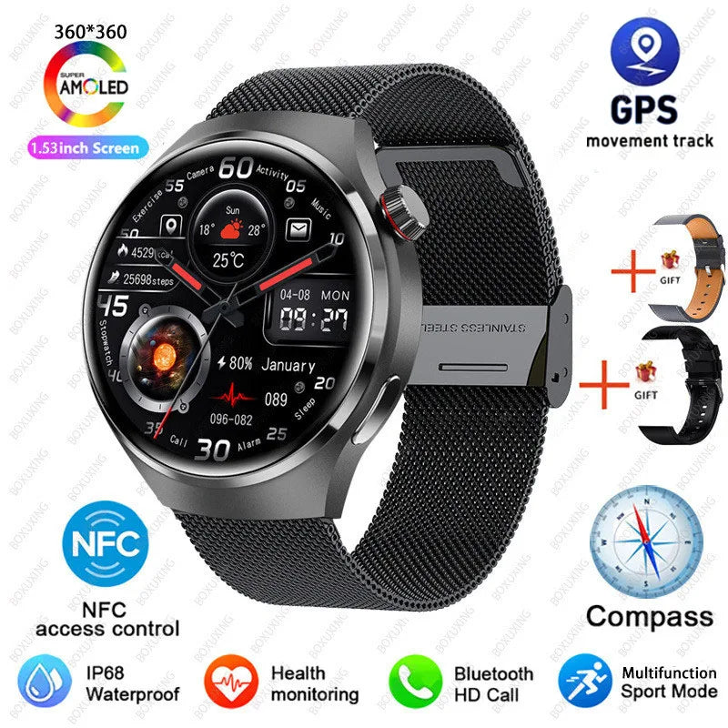 BOXUXING Watch 4 Pro Smart Watch Men GPS Sports Tracker NFC  1.53" HD Screen Health Monitor Watches Bluetooth Call SmartWatch
