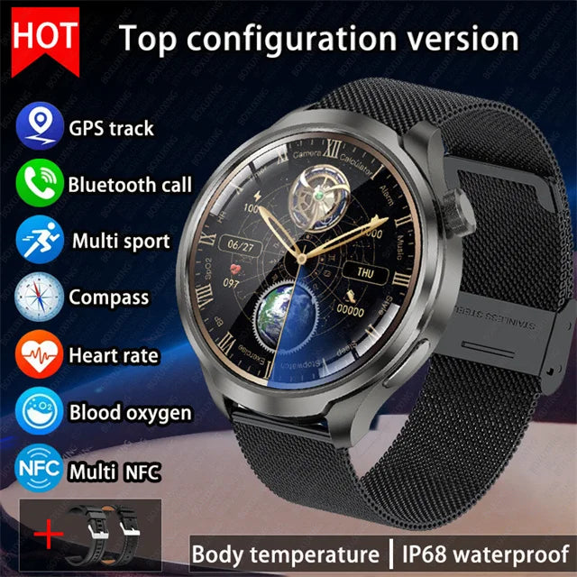 2026 New BOXUXING Outdoor Sports Smart Watch Men AMOLED Screen NFC GPS Compass Heart rate Waterproof Bluetooth Call SmartWatch