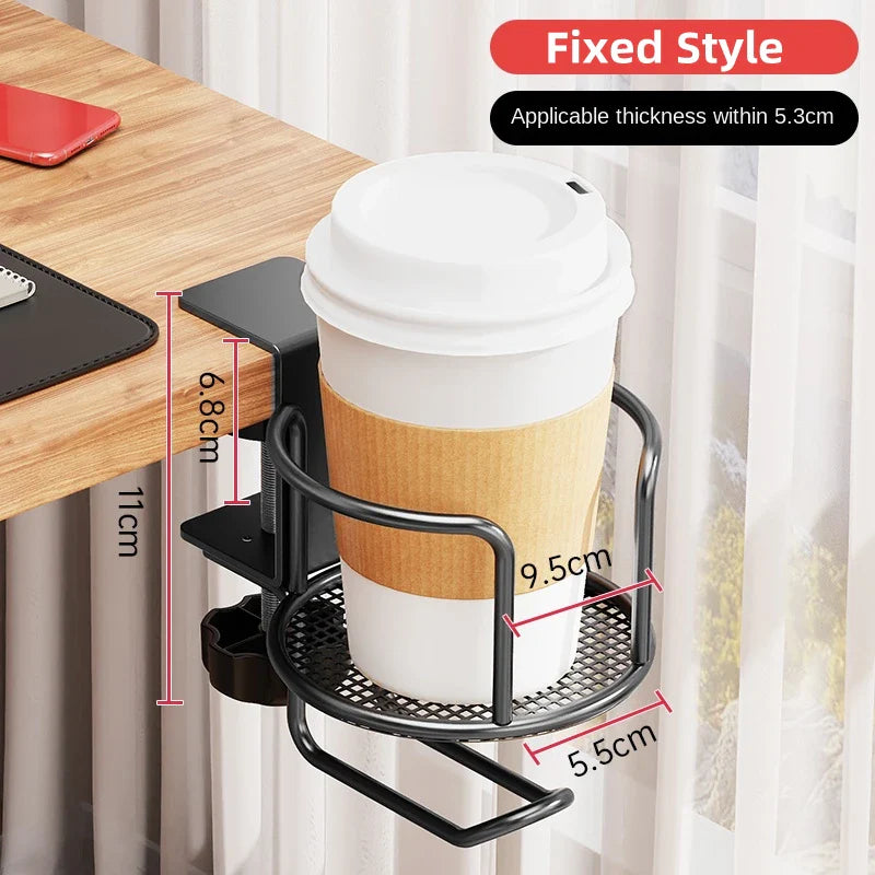 2 in 1 No Drill Desk Cup Holder Adjustable Upgraded Arm Clamp Stand 360 Degree Rotating Table Edge Clamp Anti-Fall Cup Holder