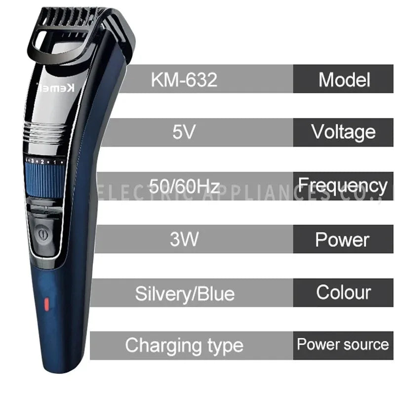 Kemei 632 0.5-10mm Adjustable Beard Hair Trimmer for Men Face Hair Cutting Machine Rechargeable Mustache Stubble Hair Clipper