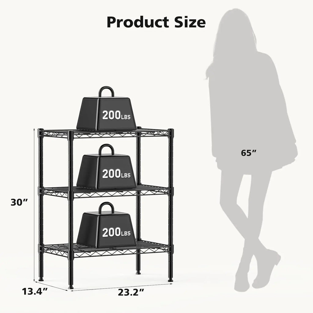 3-Tier Adjustable Metal Wire Storage Shelf, Heavy Duty Steel Rack for Kitchen Bathroom Garage, 23.3"W x 13.4"D x 30"H Black