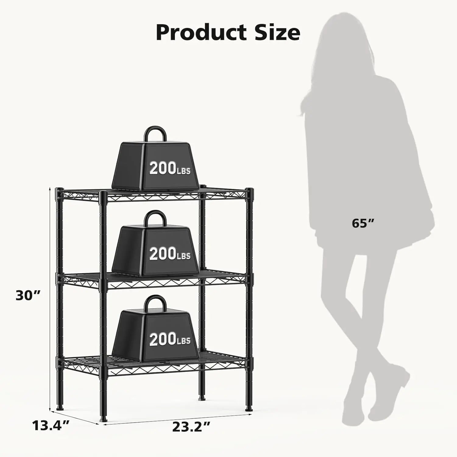 3-Tier Adjustable Metal Wire Storage Shelf, Heavy Duty Steel Rack for Kitchen Bathroom Garage, 23.3"W x 13.4"D x 30"H Black