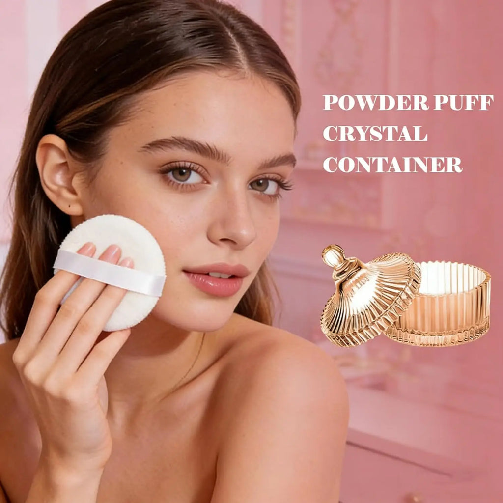 Soft Plush Powder Puff with Clear Glass Container for Body and Face Makeup Application