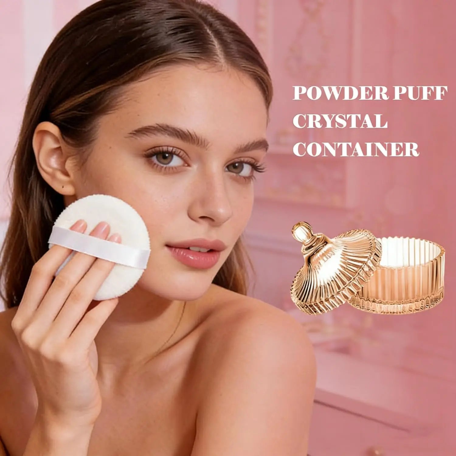 Soft Plush Powder Puff with Clear Glass Container for Body and Face Makeup Application