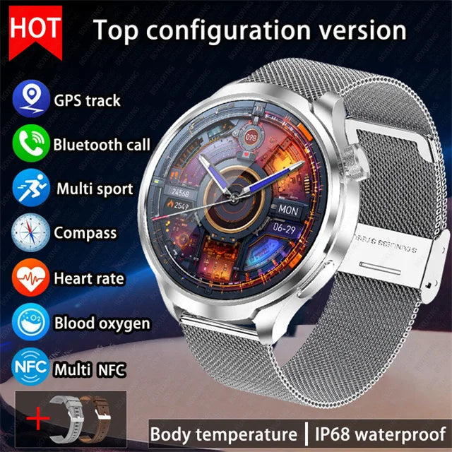 2026 New BOXUXING Outdoor Sports Smart Watch Men AMOLED Screen NFC GPS Compass Heart rate Waterproof Bluetooth Call SmartWatch
