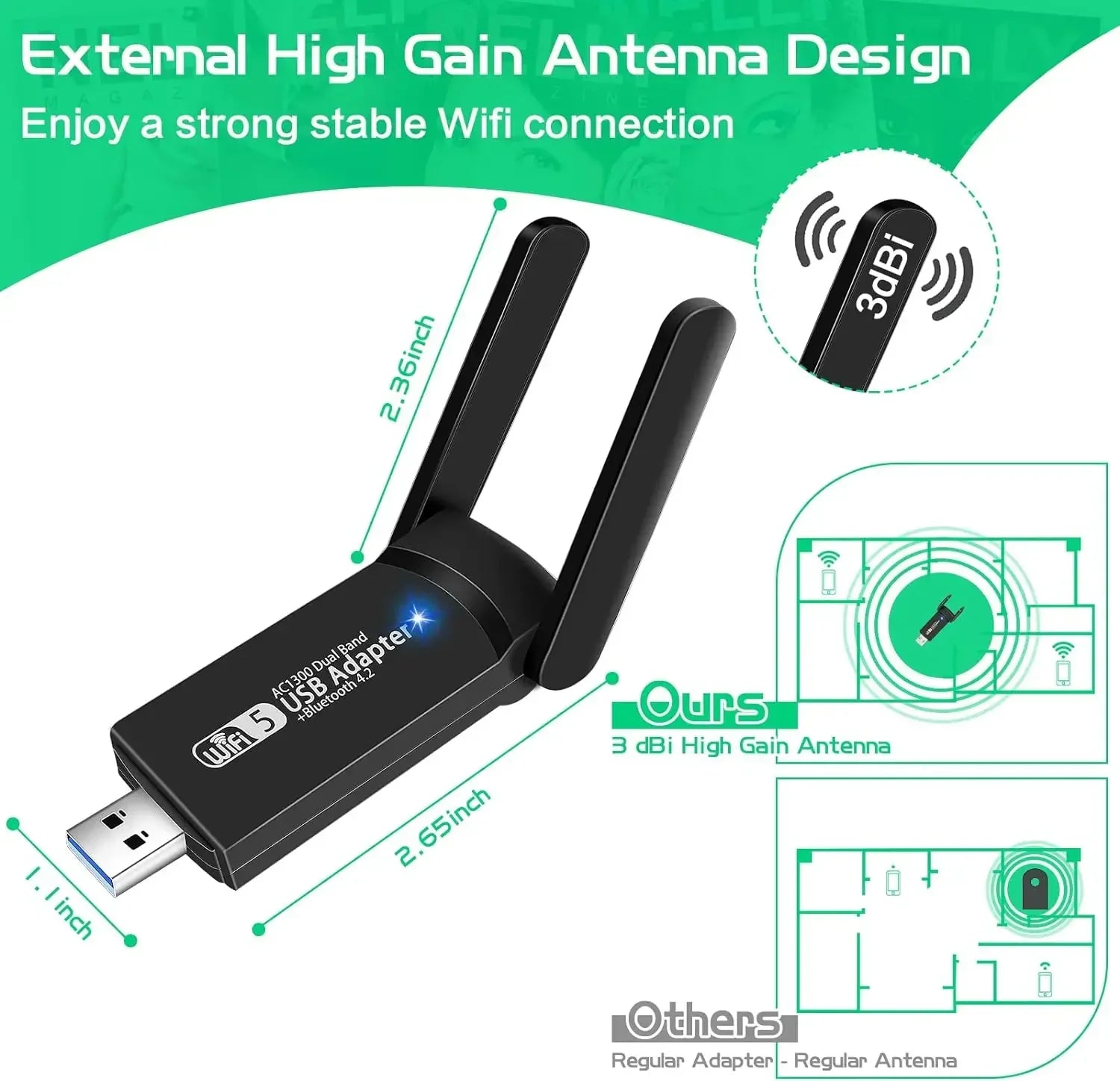 USB 3.0 WiFi Adapter 1300Mbps For Bluetooth 4.2 Dual Band 2.4G/5GHz USB Network Card Wireless Receiver For Desktop Laptop