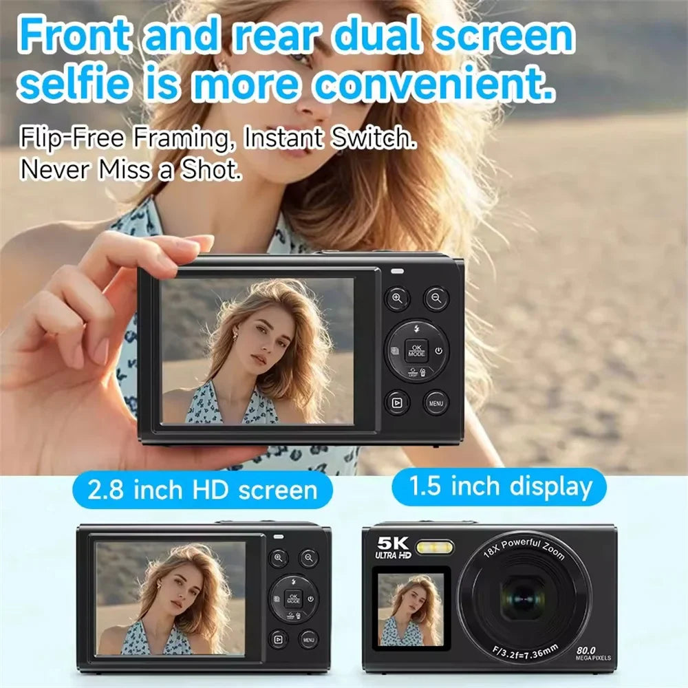 5K Dual Screen Digital Camera 80MP Retro CCD Photographic Cameras 8000W Pixel Auto Focus with 18x Zoom for Kid Adult Photography