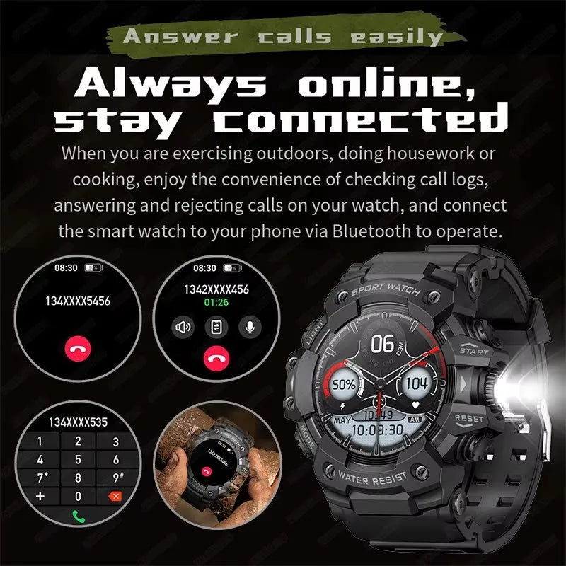 2026 Rugged Sports Smart Watch Bluetooth Calls Colorful Waterproof Military Smartwatches with Flashlight SOS COMPASS for Phone