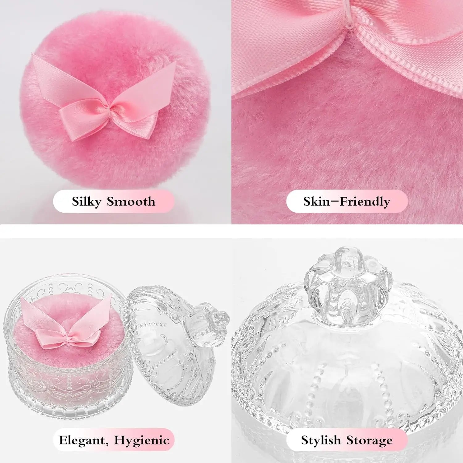 2-Piece Velour Powder Puff Set with Crystal Glass Container, Soft Washable for Face and Body Makeup